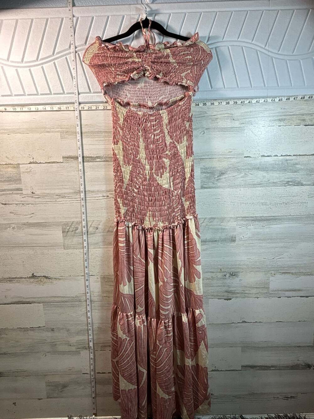 ChicMe Women's Tropical Ruched Dress Pink Leaf Print Cutout Maxi Dress Size S